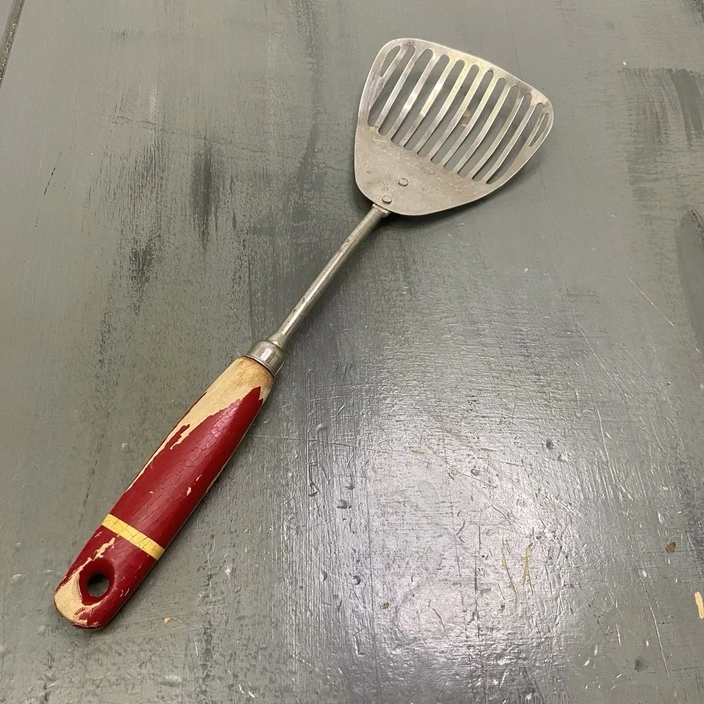 Vintage Kitchamajig Ecko USA Red Wooden Handle Strainer Kitchen Utensil